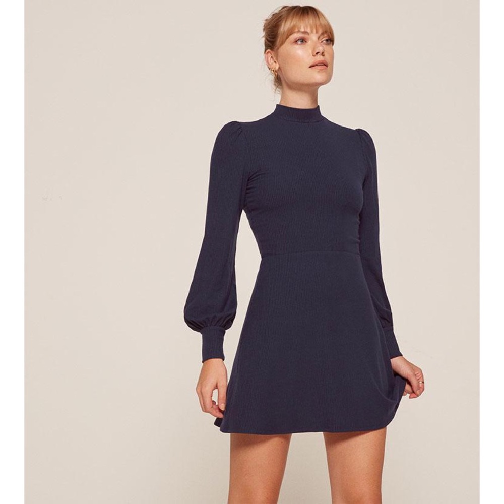 Reformation Navy Blue Mock Neck Ribbed Eliza Dress